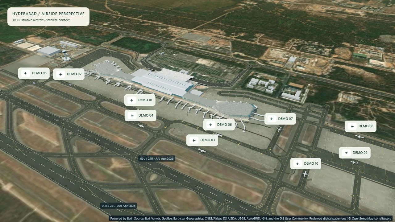 Illustrative Hyderabad airport preview with satellite context and demonstration aircraft