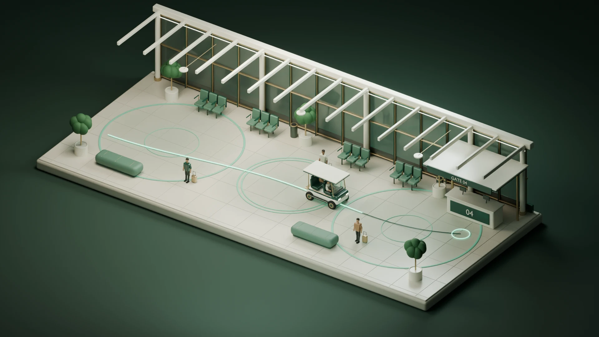 An illustrative buggy journey through a light-filled terminal